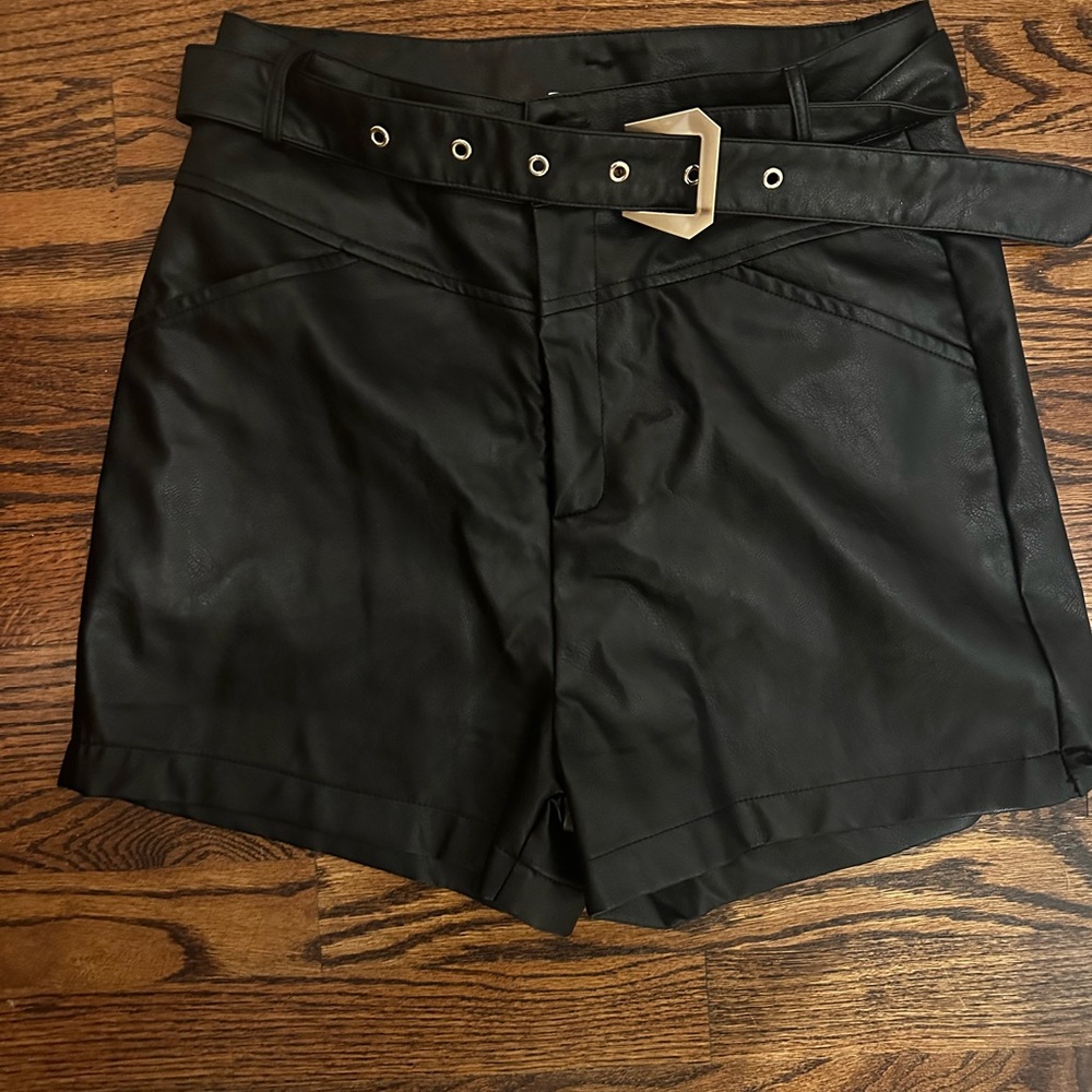Cloud Ten: Black Faux Leather Shorts with Gold Buckle Belt